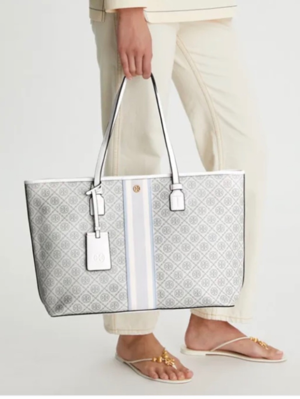 Tory Burch T Monogram Coated Canvas Zip Tote Laptop Work Bag NWOT Ivory